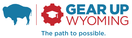 Gear Up Wyoming The Path To Possible in red and blue text with a red gear and a graduation cap next to it as decoration