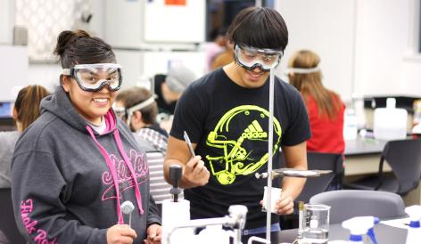 Students in the lab with safety goggles