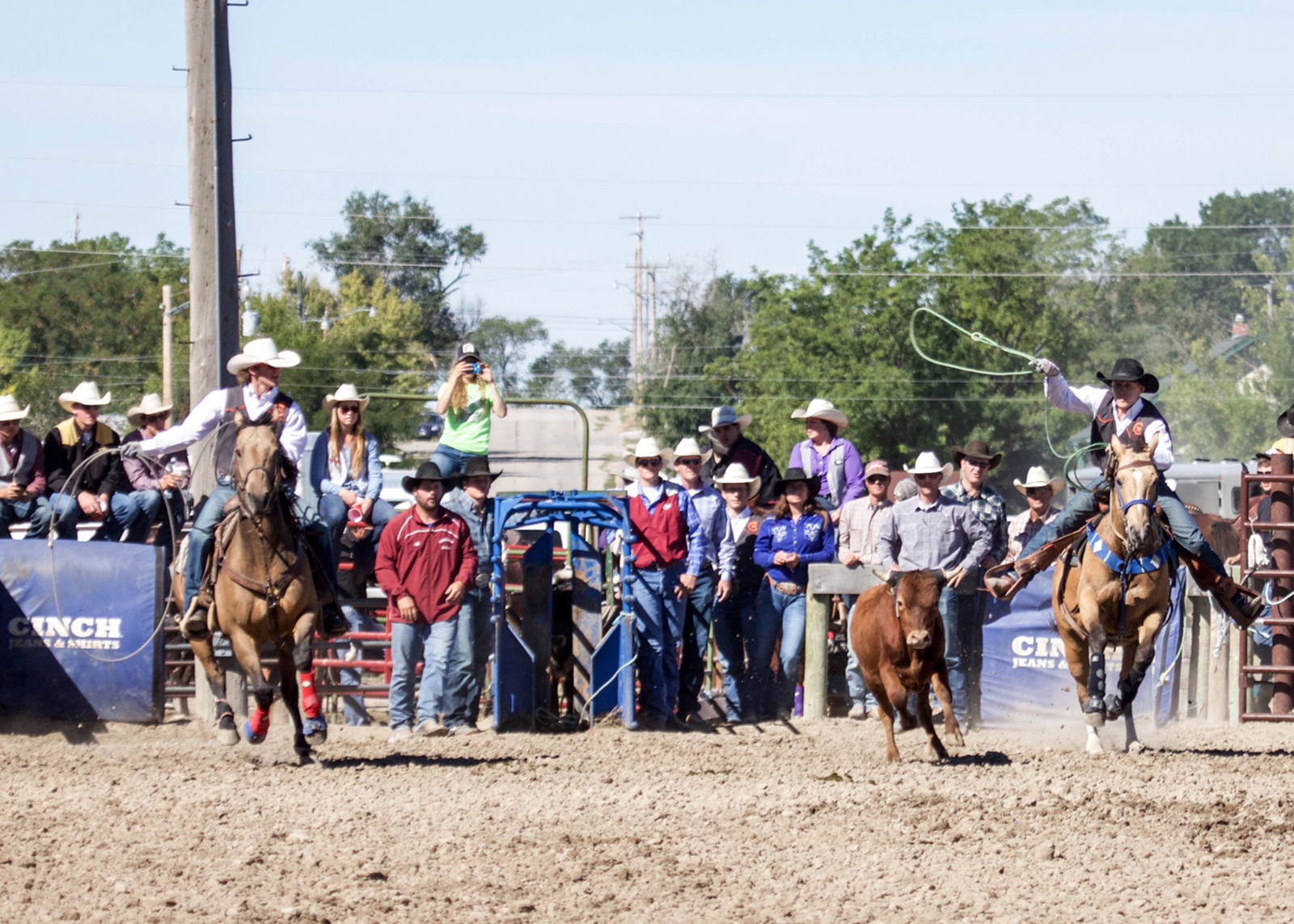 CWC rodeo Team ropers Brady Thurston and Bryce Sturman chase down a steer at the Chadron State College rodeo 